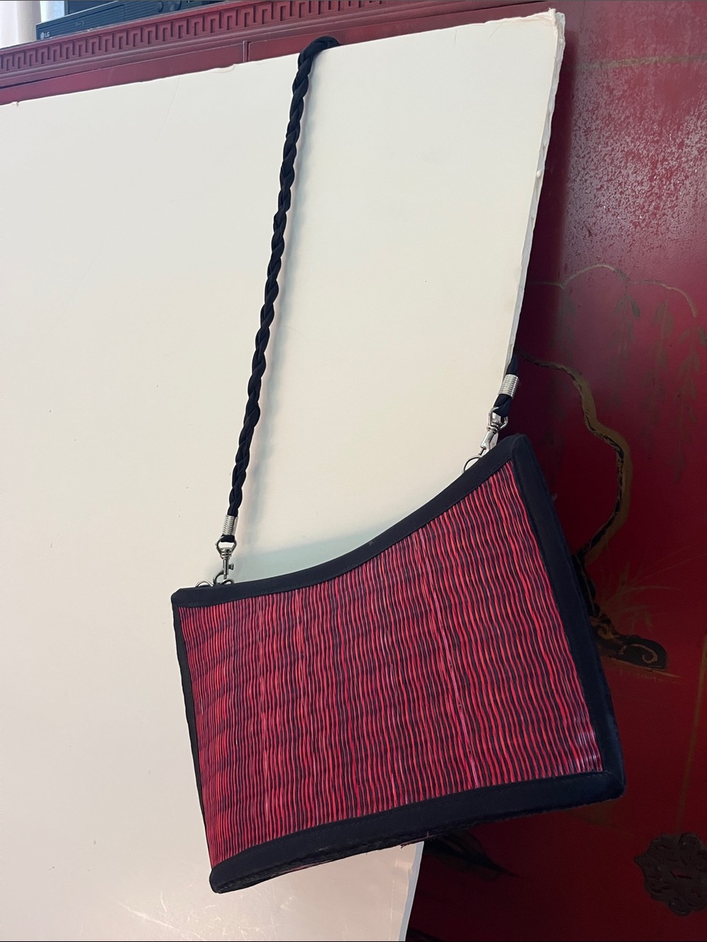 Baskets of Cambodia Red Woven Shoulder Bag with Black Trim